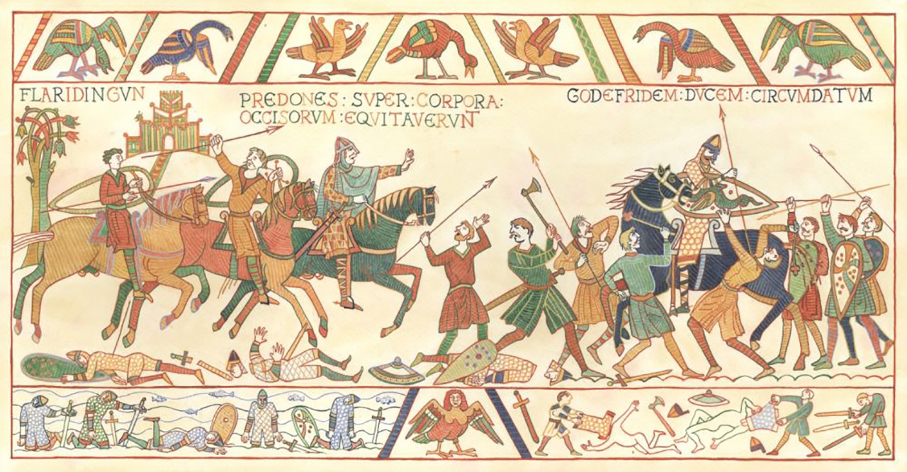 Illustratie van de Slag bij Vlaardingen. De tekenstijl is geïnspireerd op het 11e-eeuwse Tapijt van Bayeux. Illustrator: John Rabou, Collectie Archeologie Vlaardingen, bc002_Rabou_slag_1018.