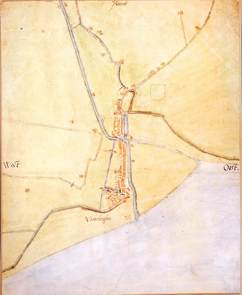 Ingekleurde handschriftkaart die Jacob van Deventer maakte rond 1560. De Markt, Hoogstraat en Kortedijk vormen de ruggengraat van de stad. Collectie Stadsarchief Vlaardingen, KVL0083.