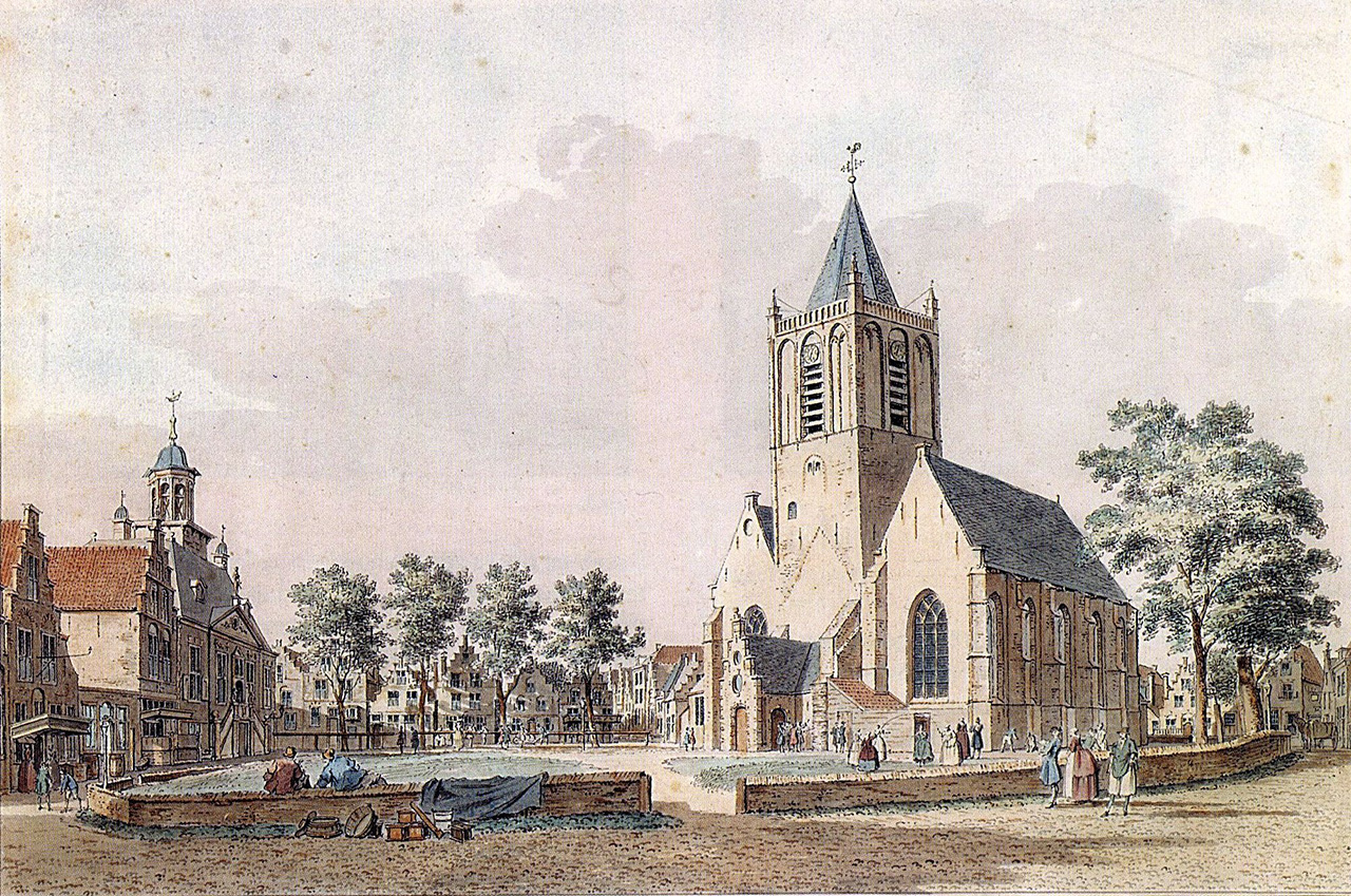 Afbeelding naar een aquarel van de Markt uit 1743 door Cornelis Pronk. Collectie Stadsarchief Vlaardingen, PRVL0163.