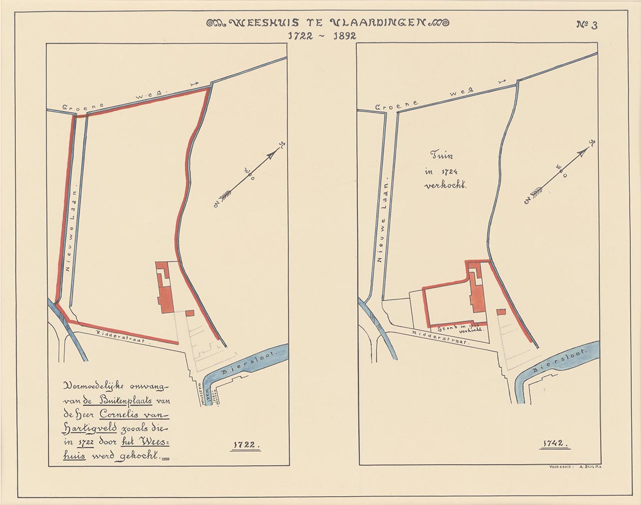 Tekening uit 1835 van A. Bijl Mzn. waarop de vermoedelijke omvang van de buitenplaats staat. Collectie Stadsarchief Vlaardingen, KVL0426.