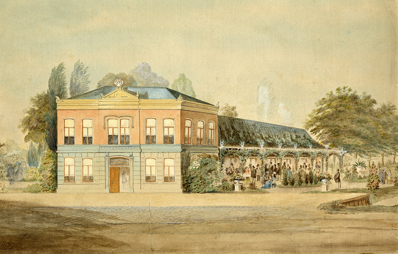 Pentekening van Zaal De Harmonie aan de Schiedamseweg rond 1890. Collectie Stadsarchief Vlaardingen, PRVL0566.