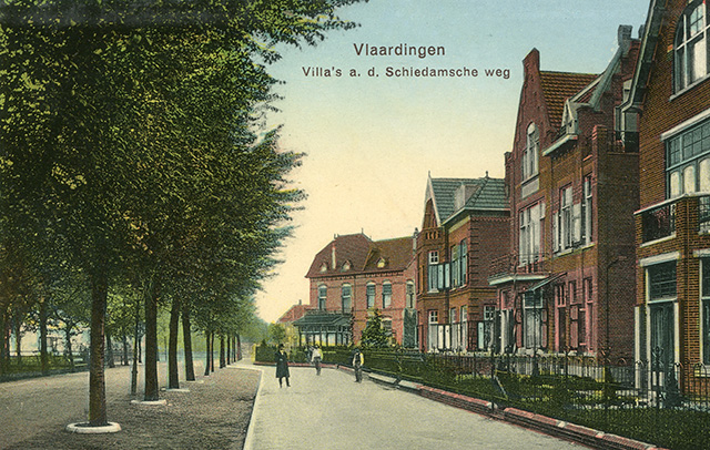 Statige villa's aan de Schiedamseweg op een ansicht uit het begin van de 20e eeuw. Collectie Stadsarchief Vlaardingen, T502-154-2.