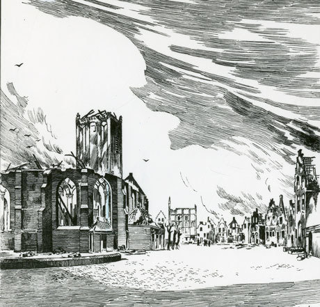 Pentekening van Octave DeConinck (1966) van de stadsbrand in 1574. Collectie Stadsarchief Vlaardingen, Hi0243-2.