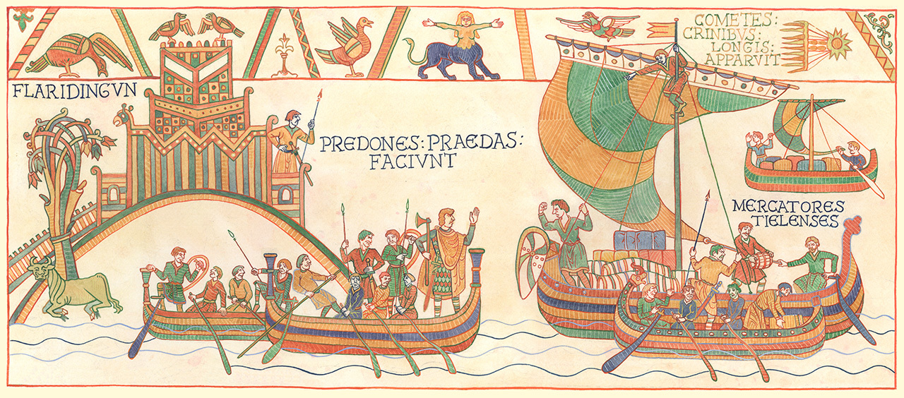 Detail van een illustratie over de tolheffing door graaf Dirk III. De tekenstijl is gebaseerd op het 11e-eeuwse Tapijt van Bayeux. Illustrator: John Rabou, Collectie Archeologie Vlaardingen, bc026_Rabou_rovers.