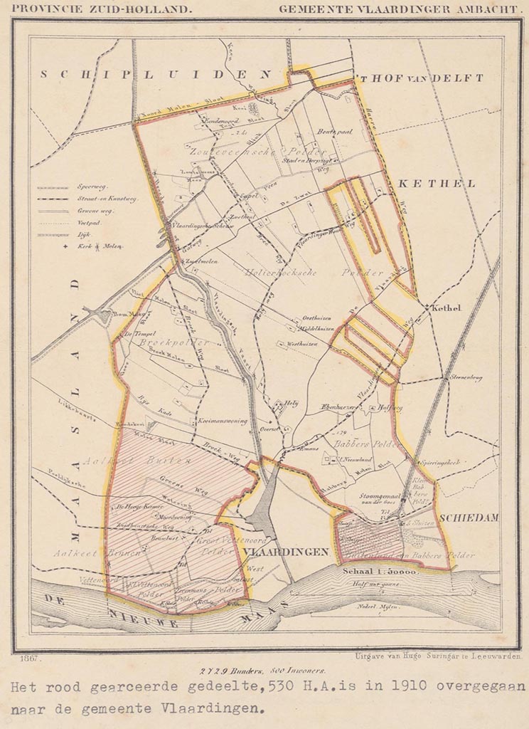 Kaart van de gemeente Vlaardinger-Ambacht rond 1867. Collectie Stadsarchief Vlaardingen, KVL0002.