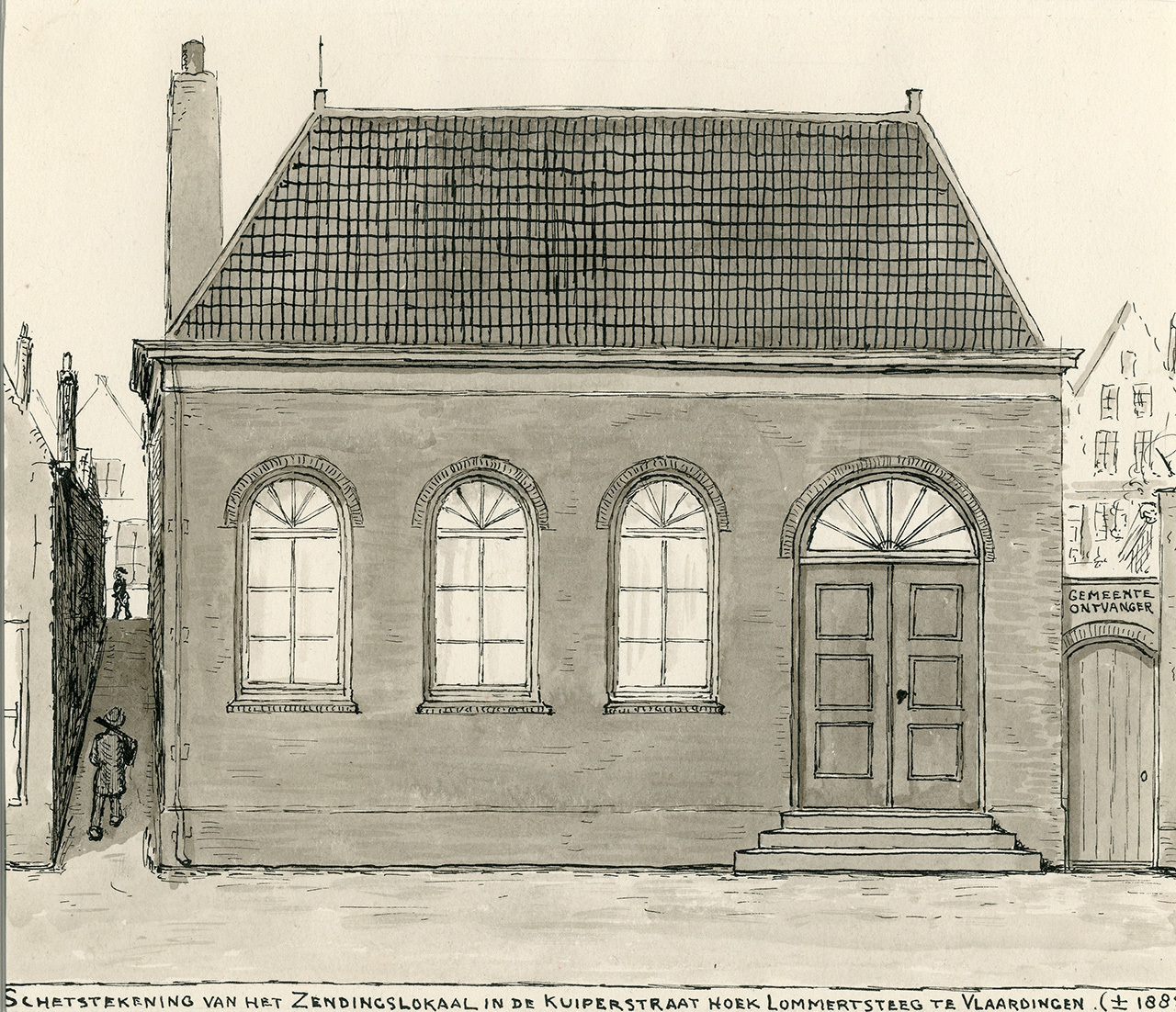 Het zendingslokaal op de hoek van de Kuiperstraat en de Lombardsteeg rond 1885, getekend rond 1930. Tekenaar: A. Bijl Mz., Collectie Stadsarchief Vlaardingen, PRVL0413.